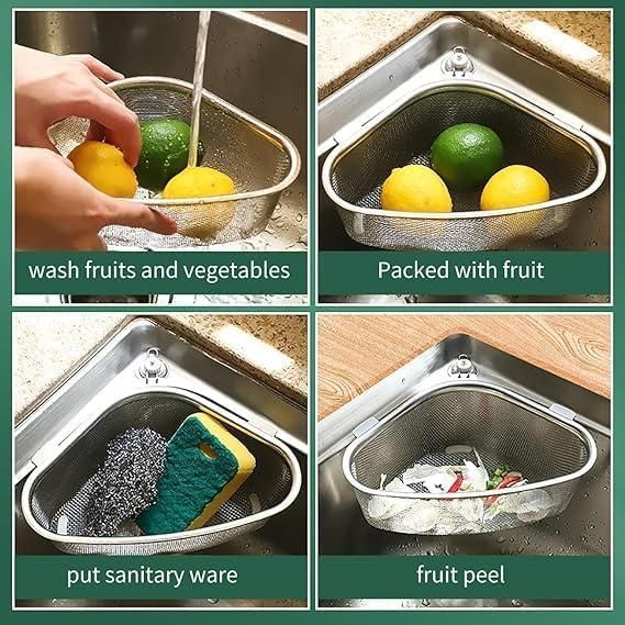 Triangle Stainless Steel Sink Drain Basket – Space-Saving Corner Strainer for Kitchen Use