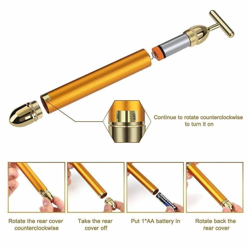 24K Gold Energy Beauty Bar – Electric Facial Massage Roller for Face, Neck & Head | T-Shaped Vibrating Tool for Lifting, Firming & Skin Rejuvenation | Battery Powered