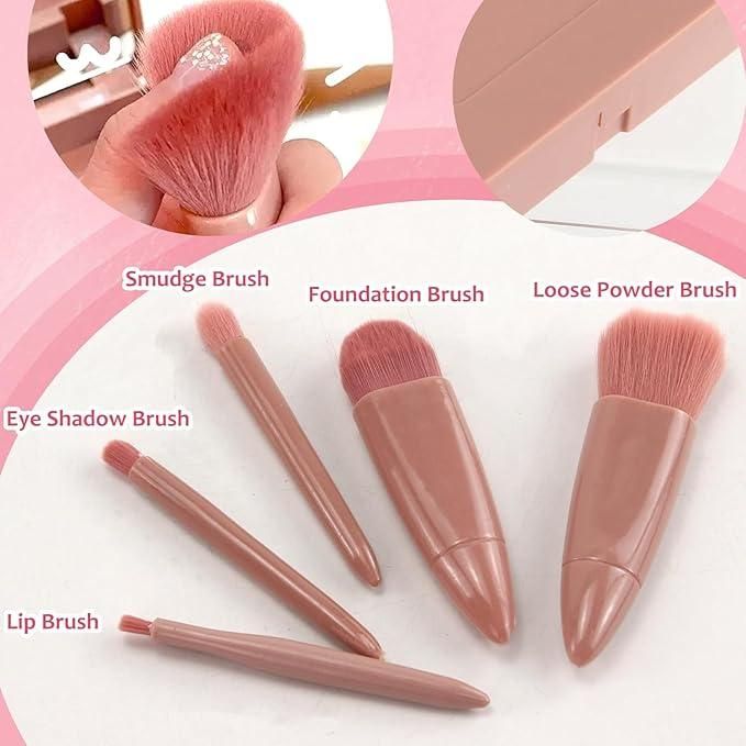 5-in-1 Makeup Brush Set with Built-in Mirror Case | Compact, Travel-Friendly & Easy to Clean (Pack of 1)
