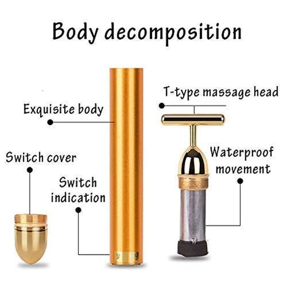 24K Gold Energy Beauty Bar – Electric Facial Massage Roller for Face, Neck & Head | T-Shaped Vibrating Tool for Lifting, Firming & Skin Rejuvenation | Battery Powered