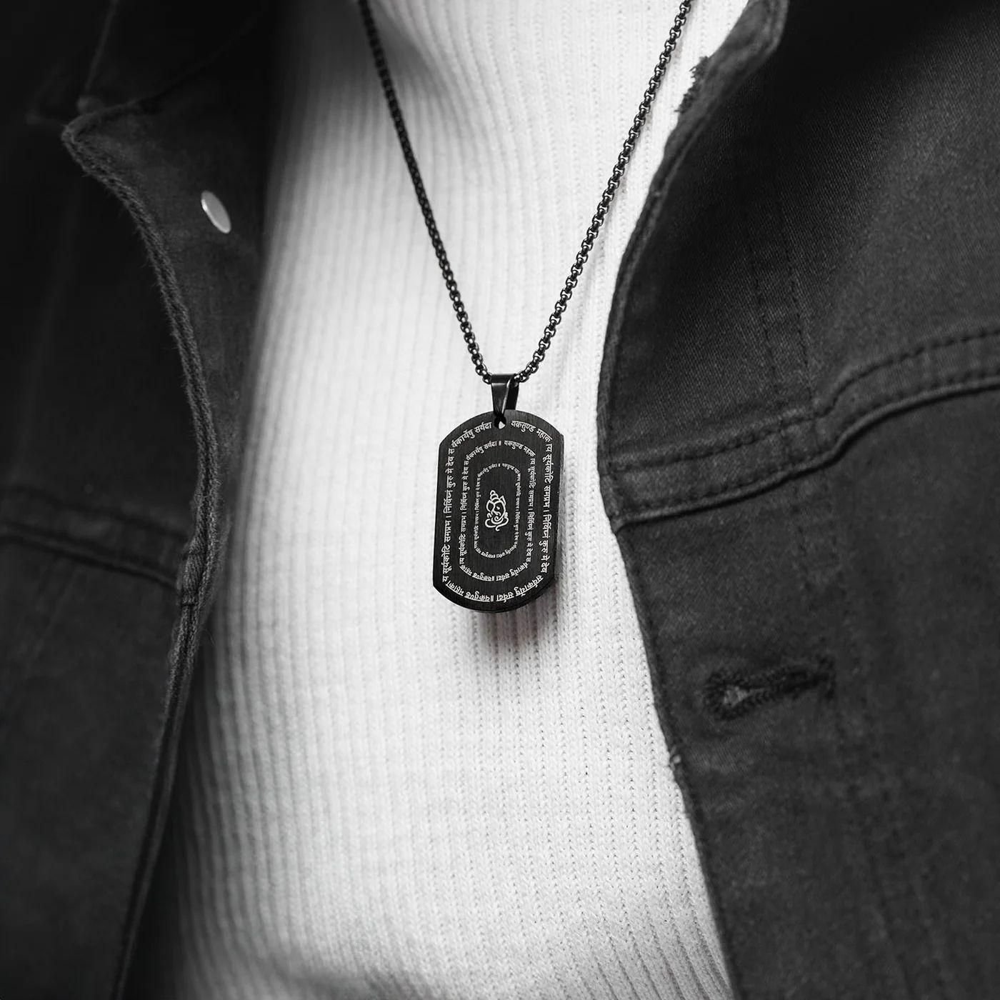 Devotional Ganpati Shlok Pendant with Chain – Stylish Alloy Tag for Men | Spiritual Wear | Pack of 1