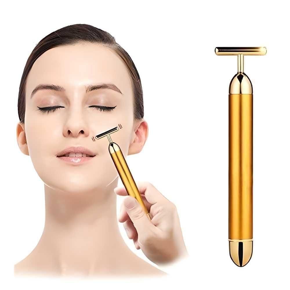 24K Gold Energy Beauty Bar – Electric Facial Massage Roller for Face, Neck & Head | T-Shaped Vibrating Tool for Lifting, Firming & Skin Rejuvenation | Battery Powered