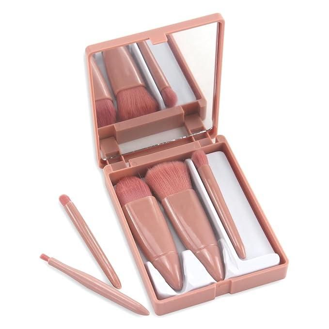 5-in-1 Makeup Brush Set with Built-in Mirror Case | Compact, Travel-Friendly & Easy to Clean (Pack of 1)