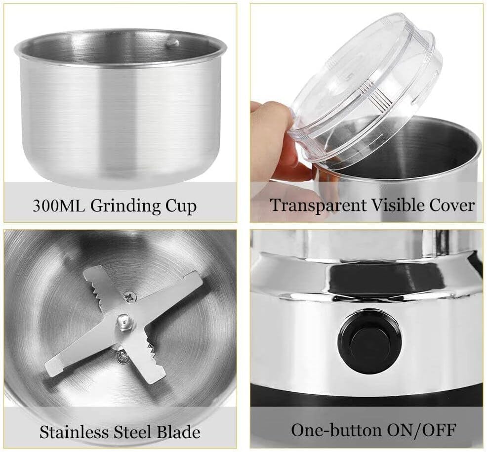 Mini Spice Coffee Grinder Electric Stainless Steel 10s Fast Grinding Multifunction Smash Machine Dry Grain Mill Grinder for Spices Powder Seeds Rice Beans Seaso