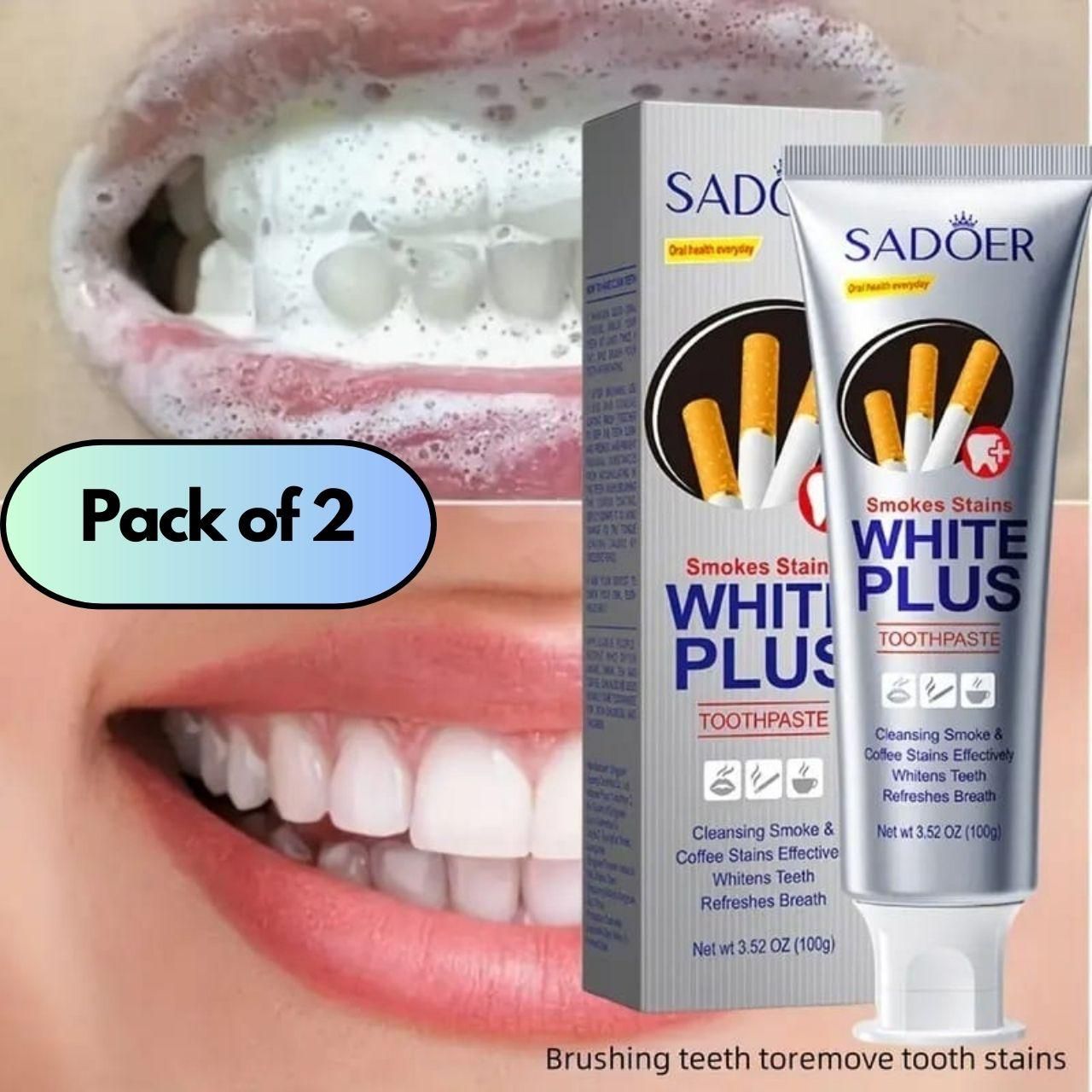 Smoke Stains White Plus Toothpaste – Pack of 2 (200g Each) | Removes Stains, Freshens Breath & Whitens Teeth
