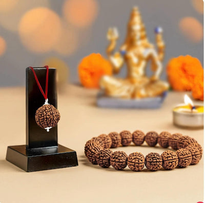 Maha Shivratri Combo – 5 Mukhi Rudraksha Mala with Bracelet | Pure Rudraksha Beads | Pack of 1