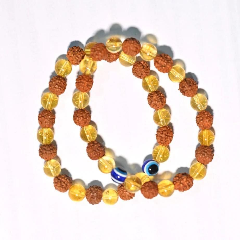 Rudraksha & Citrine Crystal Bracelets (Pack of 2) – Spiritual Energy Stone Bracelets for Men | 8mm Beads | Natural Healing Combo