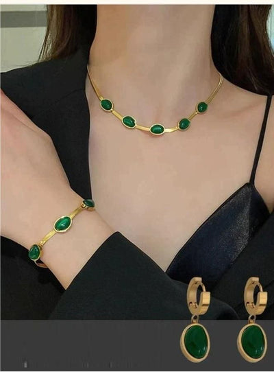 Oval Green Crystal Pendant Necklace Set with Bracelet – Gold Plated Stainless Steel Jewelry for Women | Pack of 1