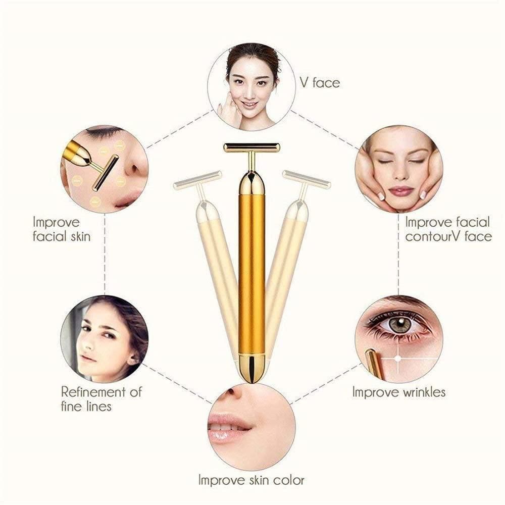 24K Gold Energy Beauty Bar – Electric Facial Massage Roller for Face, Neck & Head | T-Shaped Vibrating Tool for Lifting, Firming & Skin Rejuvenation | Battery Powered