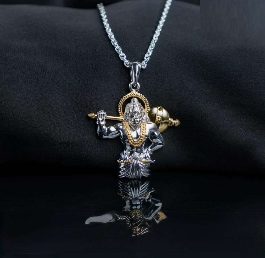 Jai Hanuman Gold-Silver Plated Pendant with Chain – Stylish Religious Accessory for Men | Casual Wear