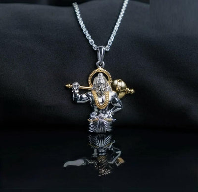 Jai Hanuman Gold-Silver Plated Pendant with Chain – Stylish Religious Accessory for Men | Casual Wear